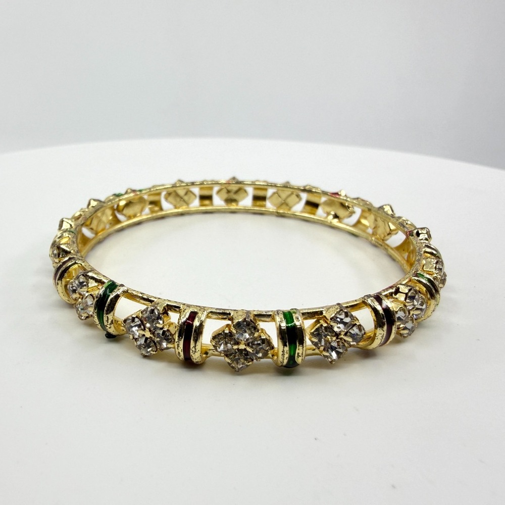 Gold Tone Crystal Rhinestone Bangle Bracelet with Red Green Enamel